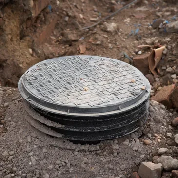 A pile of manhole covers sitting on top of the ground.